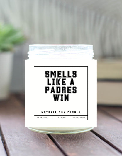 Smells Like a Padres Win Sports Candle- Scented Soy Wax Candle (8.0 oz) 50-60 Hour Burn Time, Cotton Wick, Frosted White Glass Jar, (Vanilla)