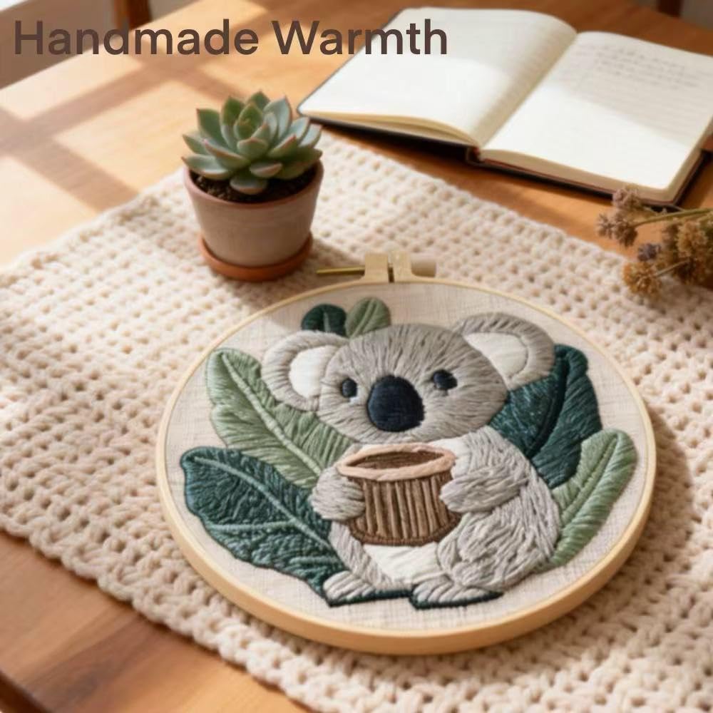 HCANPER Cute Koala Embroidery Starter Kit,DIY Needle Punch Kit, Punch Needle Kits for Beginners,Include Pre-Printed Fabric,Tools,Embroidery Hoop,Threads. (Adorkable)