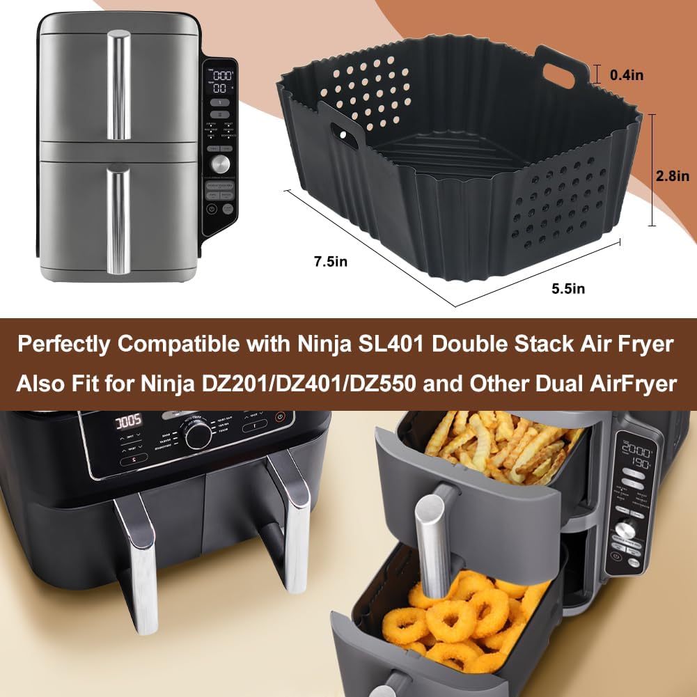 BYKITCHEN Air Fryer Silicone Liners for Ninja SL401 Double Stack, Reusable Rectangle Perforated Accessories
