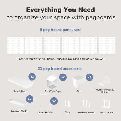 Keepo Peg Board Wall Organizer – Plastic Pegboard Panels, Modular Peg Board Storage System for Home Office, Craft Room, Gaming Setup (White, 33″×22″)
