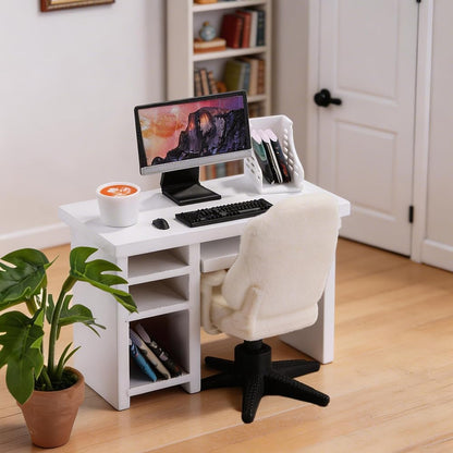 DIYDEC 1:12 Scale Miniatures Office Desk Set 14pcs Dollhouse Office Including Mini Computers Desks Office Chair Keyboard Mouse Folder Books Potted Plants for Tiny Stuff Dollhouse Figurines