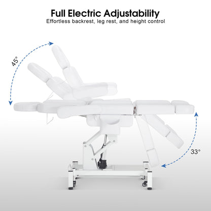 BarberPub Fully Electric Beauty Bed, 3-Motor Salon Spa Chair with Foot-Controlled Wheels, Adjustable Height, Backrest & Leg Rest – PVC Leather, Professional Facial & Treatment Table 2754 (White)