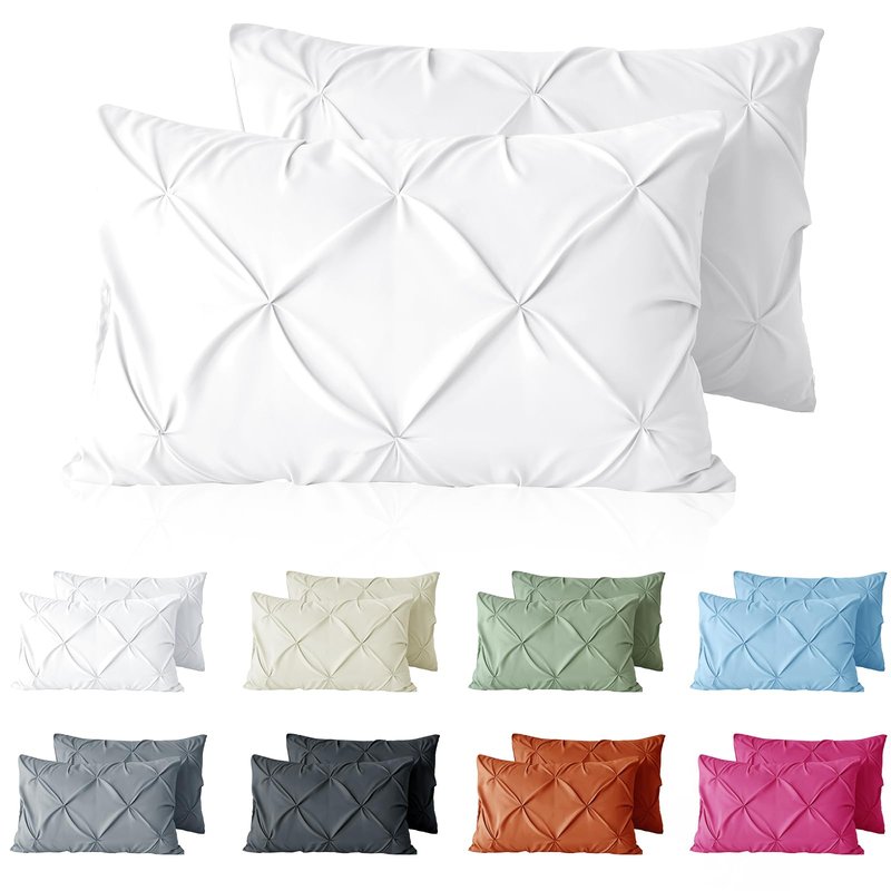 VACVELT Pintuck Pillow Cases King Size Set of 2, White Pillow Shams Decorative Pillowcases with Envelope Closure, Pinch Pleated Microfiber Pillowcases, Wrinkle and Stain Resistant