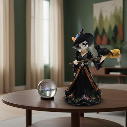 Comfy Hour 9" Dark Fairy Witch Figurine on Broom, Gothic Sorceress with Black Cat Statue, Mystical Fantasy Home Office Desktop Decor, Artisan Crafted Resin Sculpture, 1 Unit