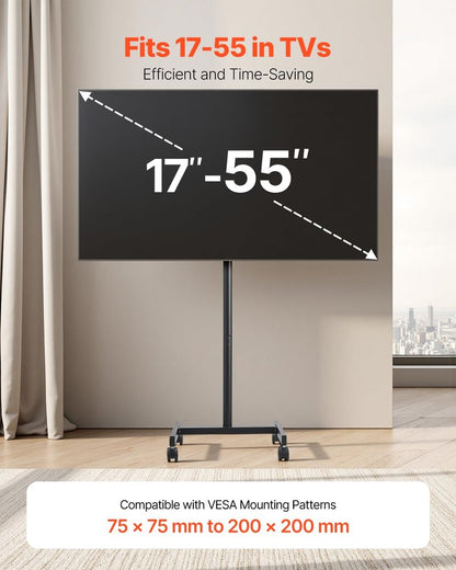VEVOR Rolling TV Stand, Mobile TV Cart for 17-55 Inch Screens, Portrait to Landscape, Portable TV Stand with Wheels Holds up to 44 lbs for Living Room, Bedroom, Office, Outdoor, Max VESA 200x200mm