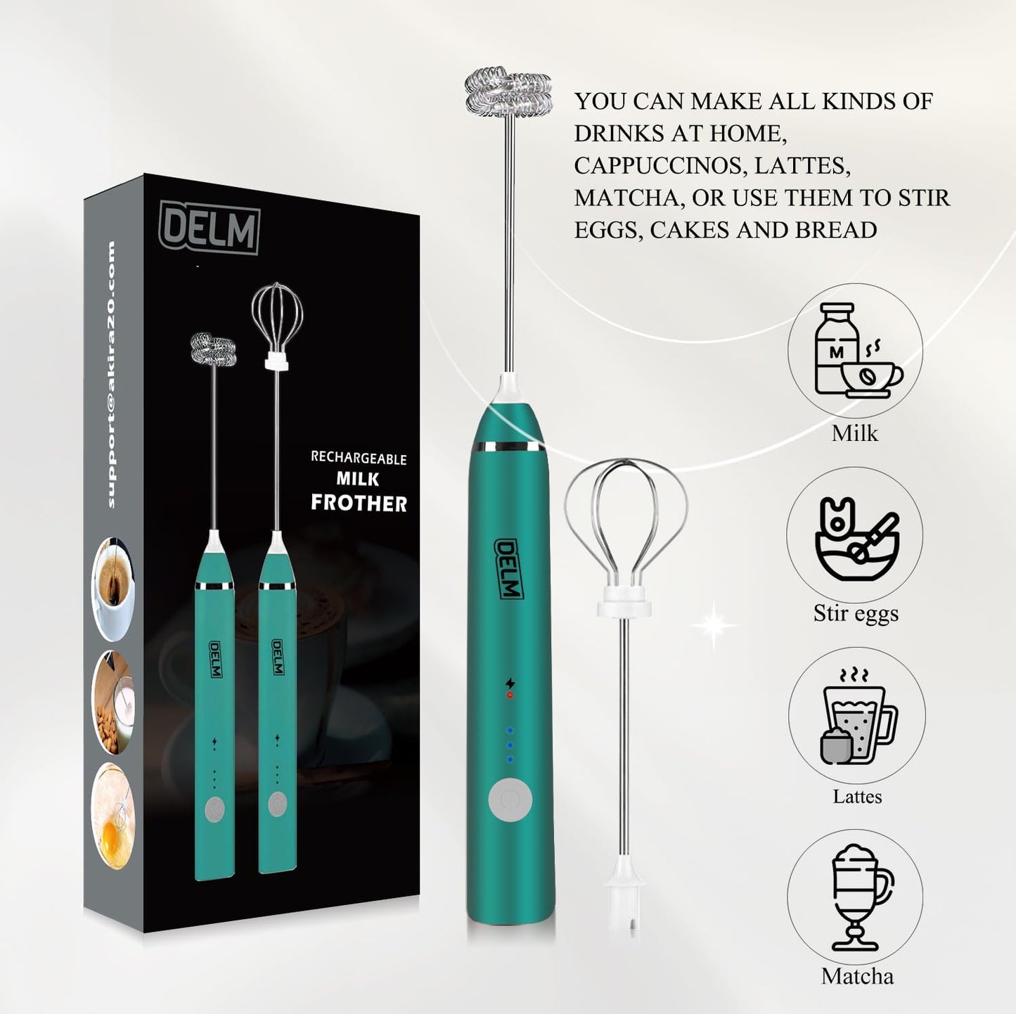 DELM Electric Milk Frother, Rechargeable Handheld Drink Mixer, Kitchen Aid, USB Rechargeable Bulletproof Frother (Green)