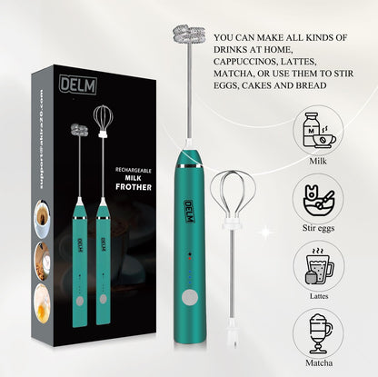 DELM Electric Milk Frother, Rechargeable Handheld Drink Mixer, Kitchen Aid, USB Rechargeable Bulletproof Frother (Green)