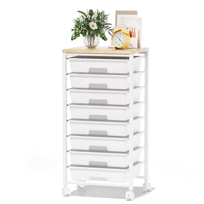 Rolling Cart with 8 Drawers, Storage Drawers Cart with Wooden Tabletop and Lockable Wheels, Craft Storage for Living Room, Office, Classroom, Craft Room, Bedroom