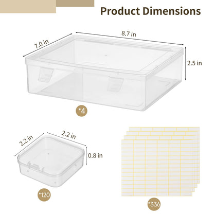 120Pcs Bead Organizer Box, Small Clear Plastic Bead Storage Containers, 4 Craft Storage Boxes with Hinged Lid, 336 Labels, Mini Box for Jewelry Making Bracelets Beading Nails Screws Seeds Small Parts