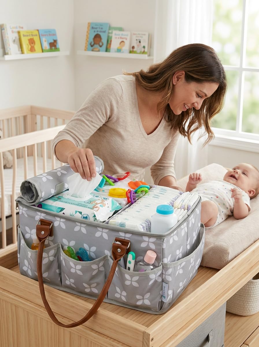 Moteph Extra Large Diaper Caddy, Craft, Toy Organizer with Zip-Top Cover with Waterproof Wet/Dry Bag - Perfect for Baby Shower