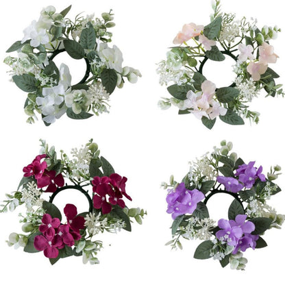 2 Pack Candle Rings Artificial Hydrangea Eucalyptus Leaves Wreaths Small Boho Wreath Pillar Candle Holder for Easter Wedding Home Door Tabletop Decoration (Pink)