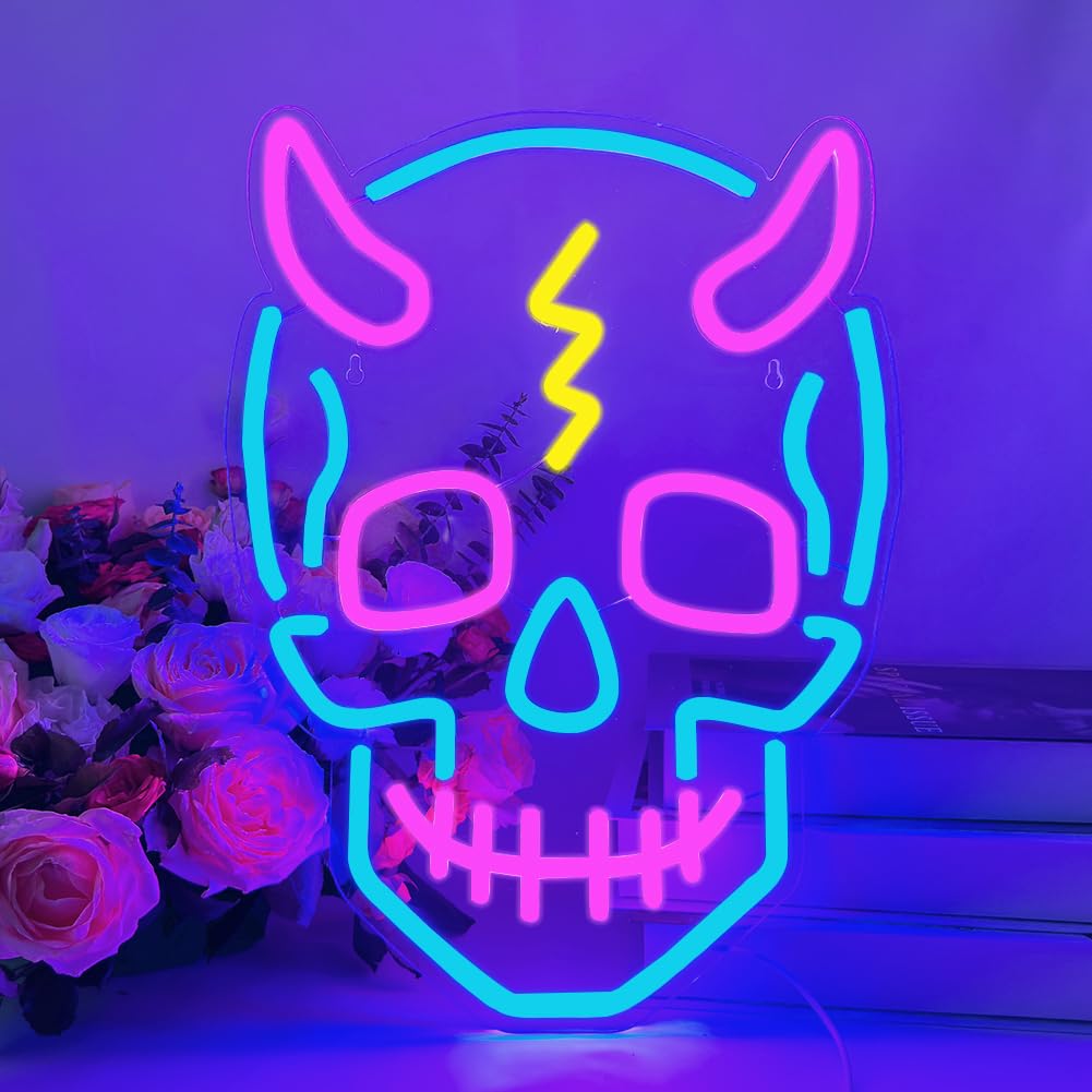 UExnkj-Y Skull Neon Sign Halloween Led Sign Neon Wall Sign USB Powered Led Light Signs for Man Cave Beer Bar Club Game Room Halloween Party Decor Gifts