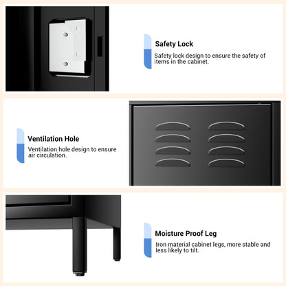 PioneerWorks 3-Door Metal Storage Locker with 9 Hooks, Heavy Duty Steel Locker for Gym, School, Office, Garage, Employee Locker Room, Home Organization, Black, Assembly Required