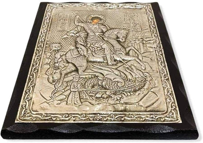Handmade Greek Christian Orthodox Wood-Metallic Icon of Saint George - 24 X 19cm Solid Wood