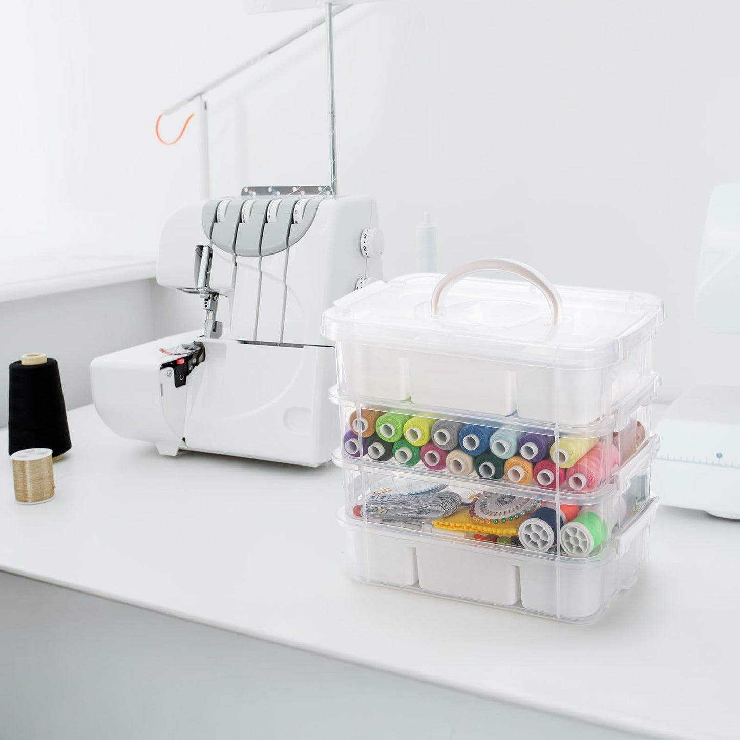 Foraineam 4-Tier Clear Storage Bins With 2 Divided Trays, Stackable Carry Storage Box Container, Plastic Lidded Organizer Case With Handle for Beads, Tools, Arts & Crafts, Sewing, Office Supplies