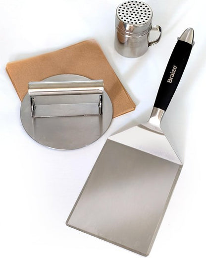 Braize Smash Burger Press Kit – 6.5 Inch Stainless Steel Hamburger Smasher Tool – Heavy Duty Grill Press for Flat Top Griddles and Cast Iron Pans – Perfect for Crispy Smashed Burger Patty – Shaker Set