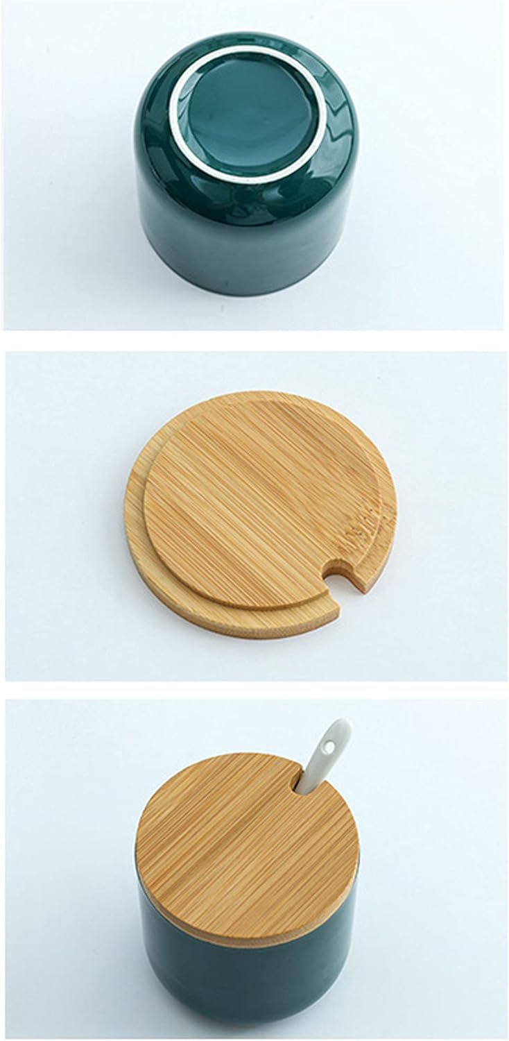 Simple Pure Color Ceramic Spice Jar, Seasoning Box with Bamboo Lid and Spoon
