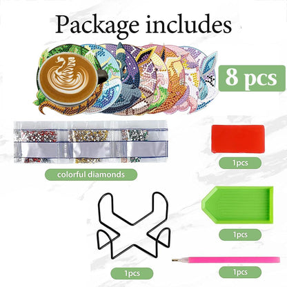 8 Pcs Animals Diamond Painting Coasters Set with Holder, Beginners DIY Diamond Art Coasters Crafts for Adults,Diamond Painting Kits Circular Coaster Suitable for Gifts and Office Home