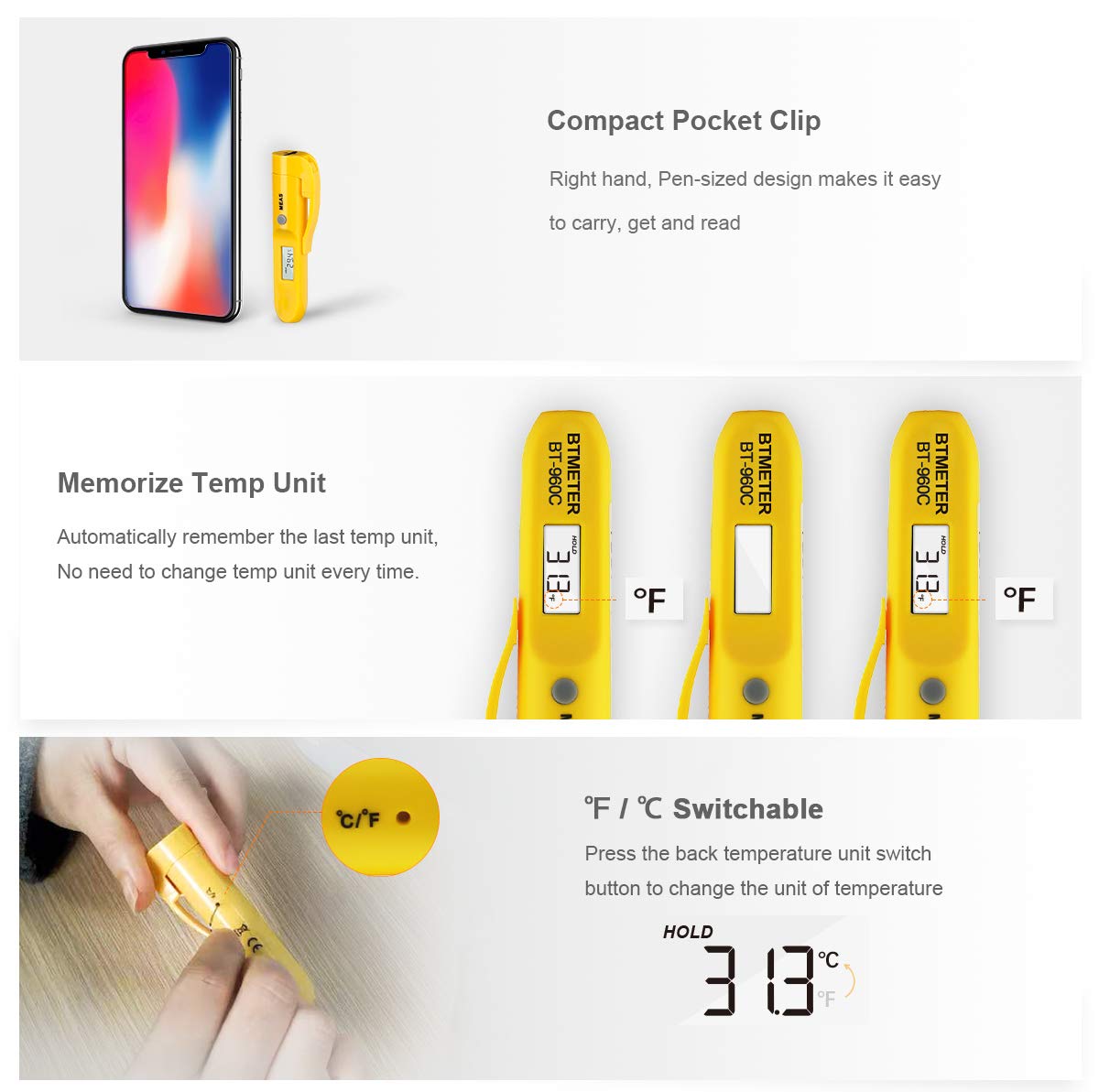 Mini Digital Infrared Thermometer, BTMETER BT-960C Temperature Pen for Instant Read Cooking, BBQ, Wine
