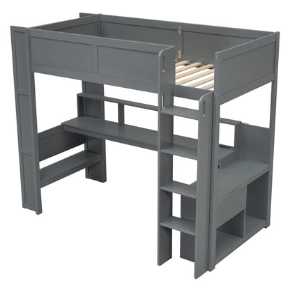 Ball & Cast Twin Size Gaming Loft Bed with Built-in Desk, LED and Charging Station,Wood Loft Bed Frame w/Multi-Storage Shelves,No Box Spring Needed,Ladder,for Kids,Teens,Adults,Dark Gray