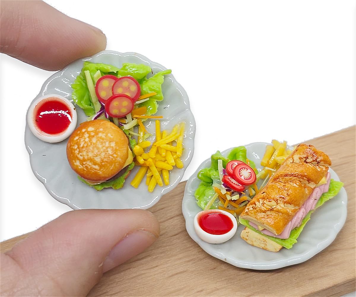 WitnyStore Tiny 1⅜" Hamburger and Sub Sandwich Realistic Mini Foods Miniature Hand Made Polymer Clay Food Meal Model Replica On Ceramic Dishes Decorative Figure Collectible Figurine Décor Art Gifts