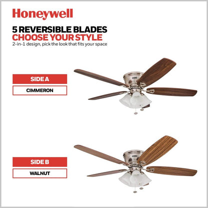 Honeywell Ceiling Fans Glen Alden, 52 Inch Classic Flush Mount Indoor LED Ceiling Fan with Light, Pull Chain, Quick-2-Hang Dual Finish Blades, Reversible Motor - 50182 (Brushed Nickel)