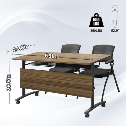 Folding Conference Tables,Flip Top Conference Room Tables,55.1 Inches Mobile Training Table with Silent Wheels,Modern Foldable Modular Boardroom Meeting Seminar Table for Office Classroom, 6 Pack