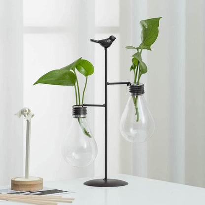 Bulb TJ Global Double Glass Light Vase Planter Holder, Plant Terrarium, Propagation Station, Metal Stand