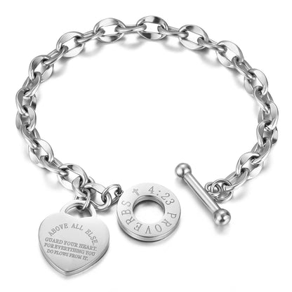 Emibele Heart Charm Bracelet for Women, Bible Verse Bracelet Stainless Steel 18K Gold Plated Bracelet Love Pendant Link Chain OT Clasp, Birthday Christmas Jewelry Present for Mother Her, Silver