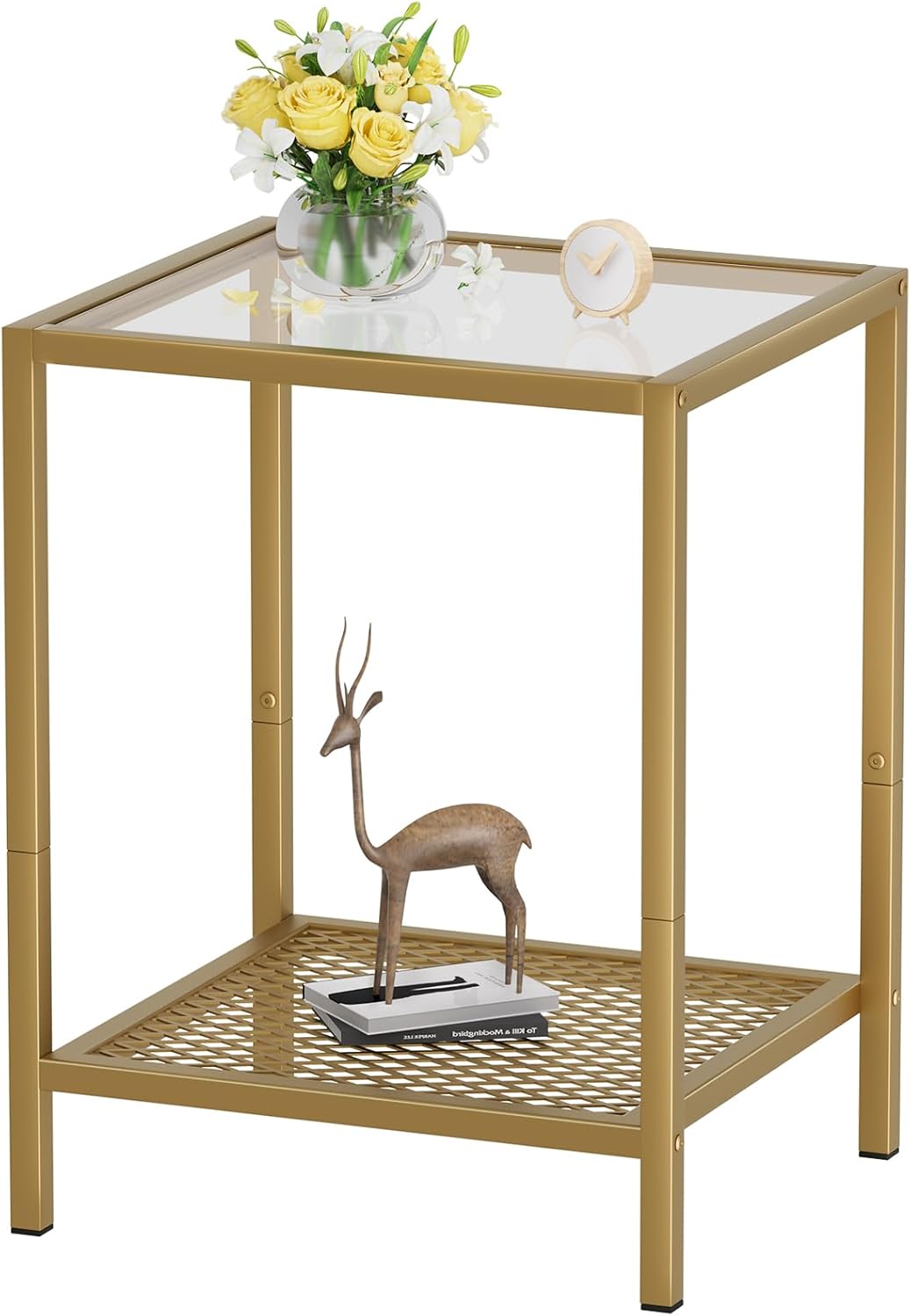 2-Tier Storage,13.3" 11.8" 19.7",Modern SAYGOER Glass Side Table Small Gold End Table for Narrow Space Square
