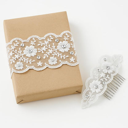 5 Yards White Floral Lace Trim with 25g Rhinestones, Bridal Applique Sewing Kit for Wedding Dress, Veil, Gift Box & DIY Crafts (Ivory)