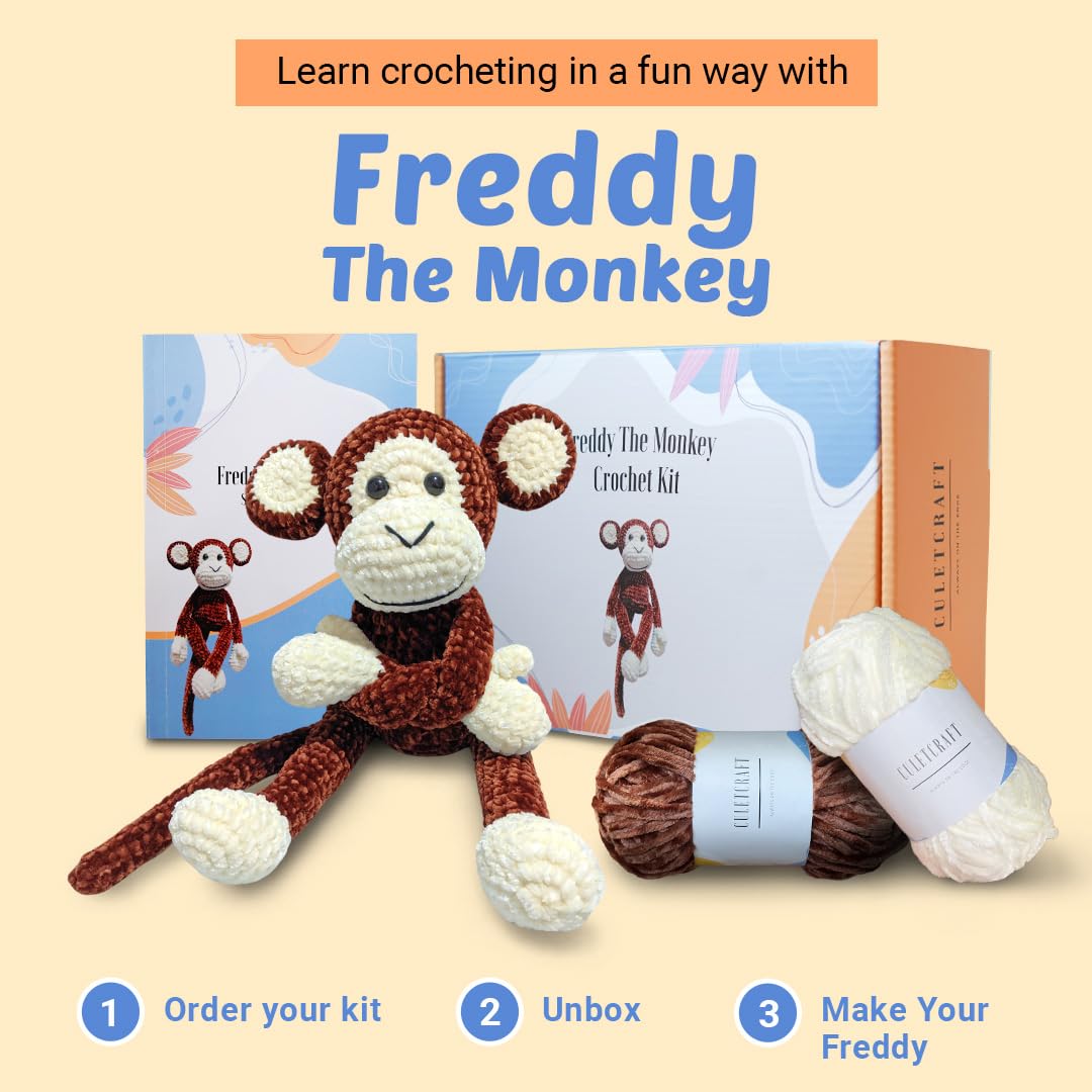 CULETCRAFT Crochet Kit for Beginners Adults, Freddy the Monkey DIY Crochet Animal Kit for Beginners, Learn to Crochet with Step-By-Step Instruction Book, Beginner Crochet Kit for Adults