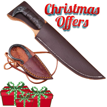 LEONA CRAFT® Viking Knife Set 10” Hand-Forged Carbon Steel Norse Knife with Leather Sheath – Outdoor Camping Hunting Carving Utility Knife, Celtic Design Survival & Hiking Cutting Tool