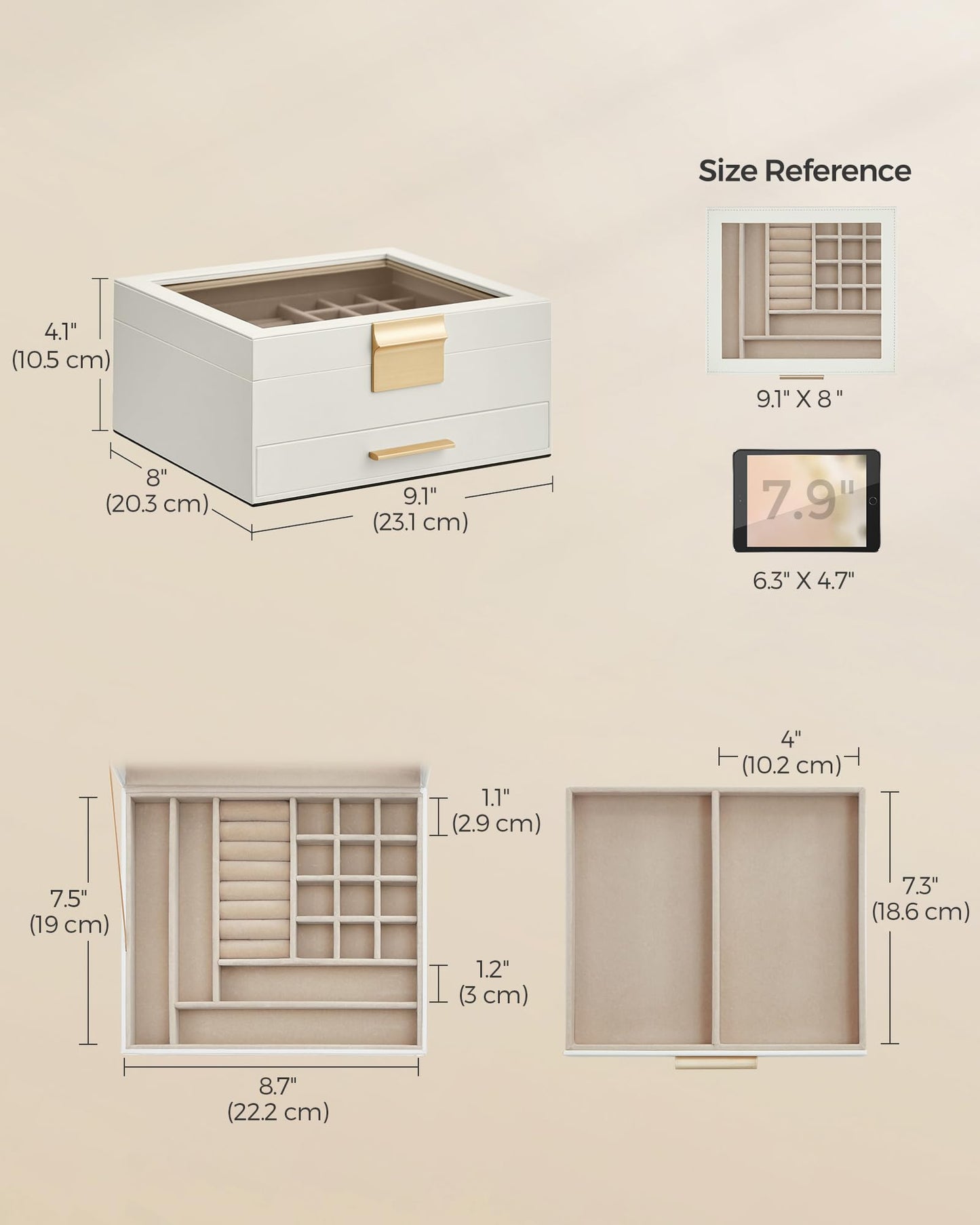 SONGMICS Jewelry Box Organizer with Glass Lid, 2-Layer Jewelry Storage, with 1 Drawer, Modern Style, 8 x 9.1 x 4.1 Inches, Cloud White and Gold Color UJBC174W01