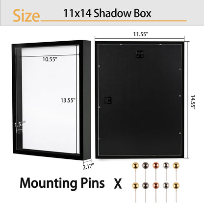 11x14 Shadow Box Frame | Soft Linen Back & Push Pins Included, Polystyrene Glass Memory Display Case for Flowers, Tickets & Cherished 3D Items, Black