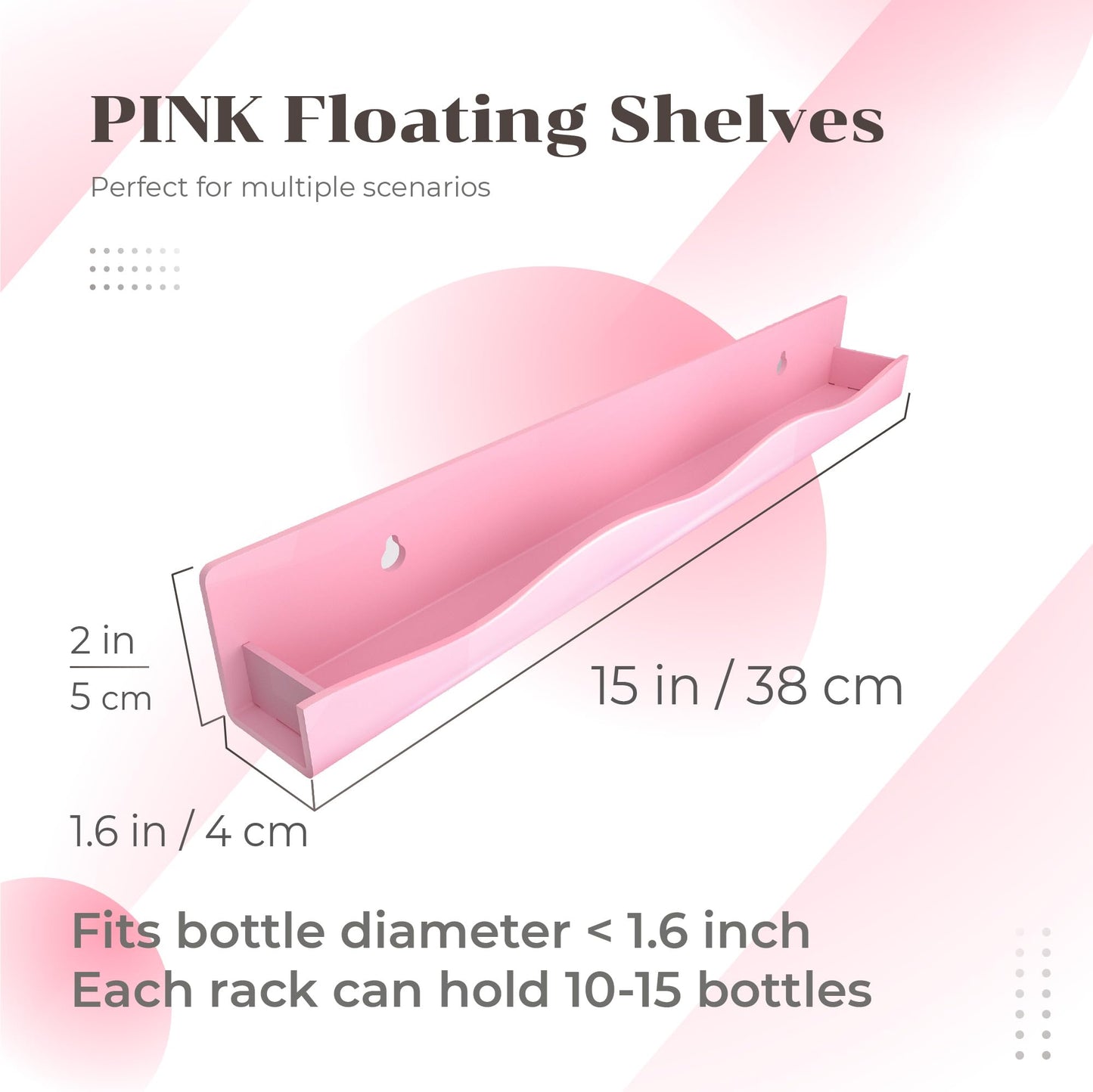 6 Pack Nail Polish Wall Mounted Shelf,15 Inch Nail Polish Floating Shelves for 66-90 Bottles Multi-Purpose,Ideal Gift, Great Display for Salons Retailers,Pink