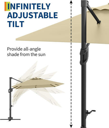 Hetoy 10' x 10' Square Cantilever Patio Umbrella, Extra Large Offset Hanging Umbrella with UV Protection, Adjustable Tilt, Weather-Resistant Fabric, Easy Assembly, Sturdy Base Included