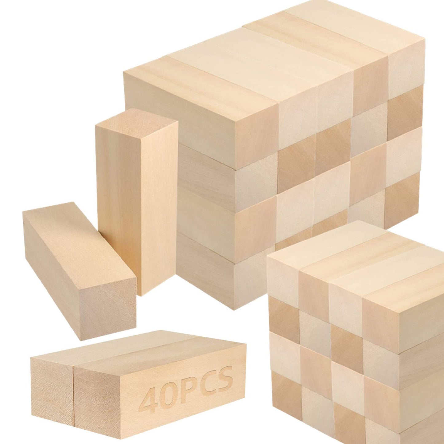 RHBLME 40 PCS Basswood Carving Blocks, 4" x 1" x 1" Unfinished Wood Blocks for Carving, Wooden Cubes Soft Solid Wooden Basswood for Wood Carving Beginners or Expert Carvers and Whittling