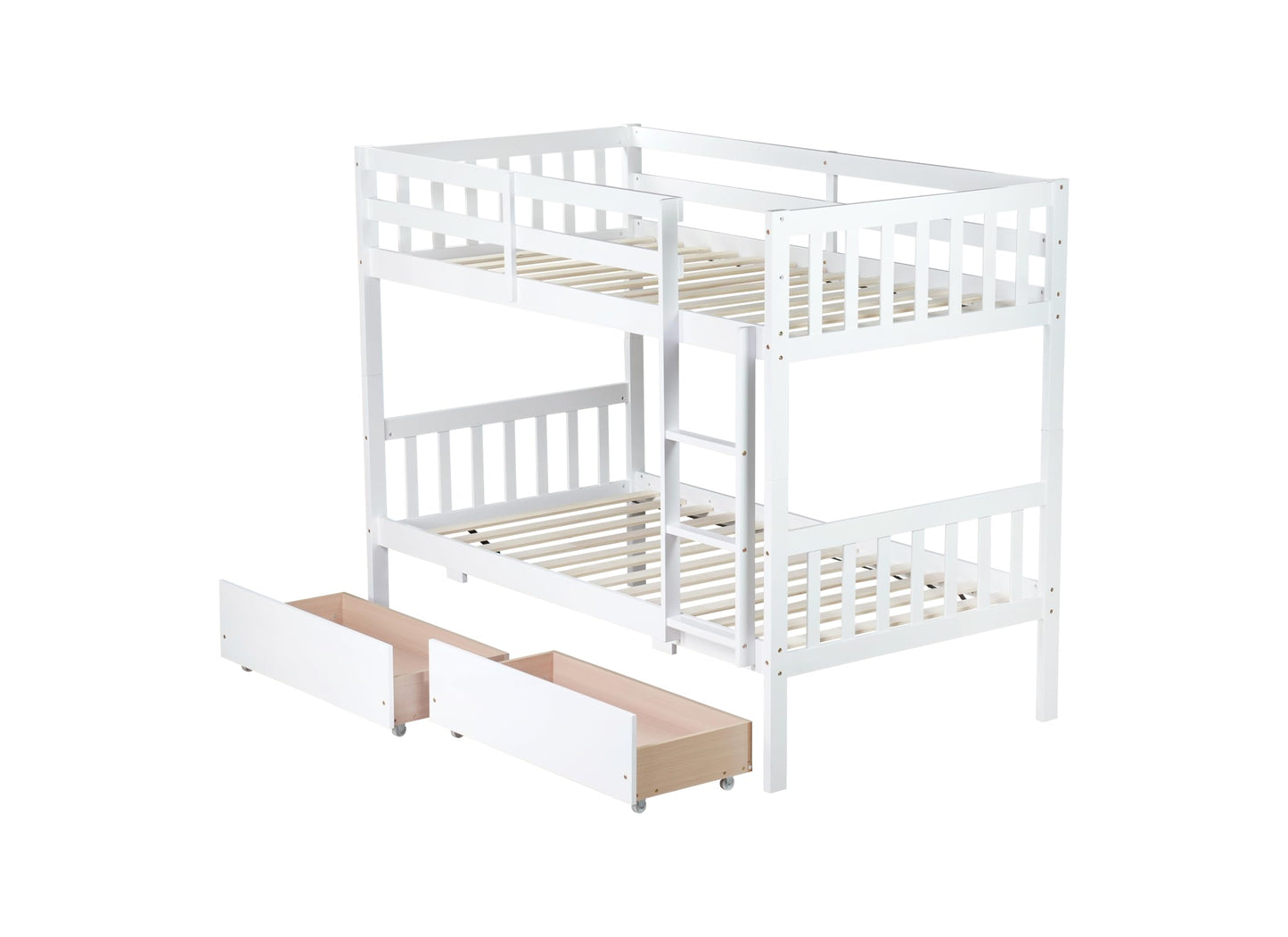 MERITLINE Wood Bunk Bed with Drawers, Convertible Bunk Bed with Ladders and Two Storage Drawers, Solid Wood Detachable Bedframe with Guardrails, Twin Over Twin, White
