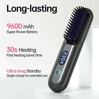 Cordless Hair Straightener Brush-Portable Straightening Comb, 9600mAh Batt, Plasma Tech, 9 Temp-Settings & LED Display, for Travel & Home(Pink)