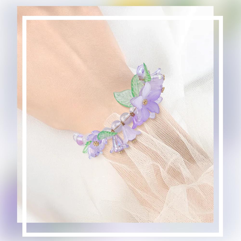 BEAMARKER 500Pcs Acrylic DIY Flower Leaf Beads Kits Including Assorted Purple Flower Loose Beads Maple Leaf Pendants Charms Acrylic Floral Caps for Earring Bracelet Necklace Craft Jewelry Making
