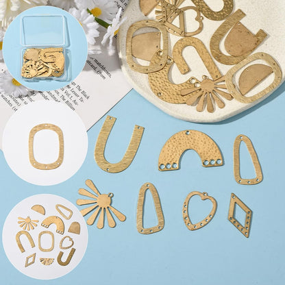 SUNNYCLUE 1 Box 24Pcs 12 Styles Filigree Jewelry Charms Jewelry Connector Link Charms Gold Brass Hollow Heart Rhombus Arch Sun Vintage Joiners Links Findings for Jewelry Necklaces Bracelets DIY Crafts