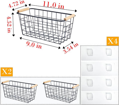 Black Metal Hanging Baskets with Handle, Wire Wall Storage Organizer with Hooks, 2-Pack Adhesive Baskets for Kitchen,