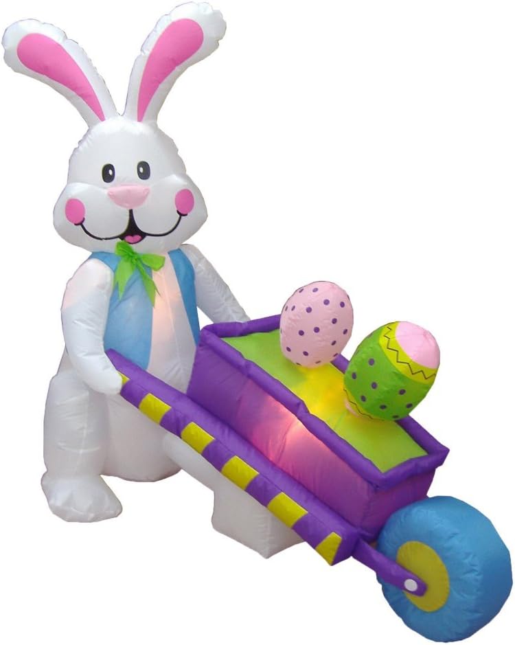 BZB Goods 4 Wheelbarrow Foot Tall Easter Inflatable Happy Bunny Rabbit Pushing with Two Eggs Pre-Lit LED Lights Outdoor