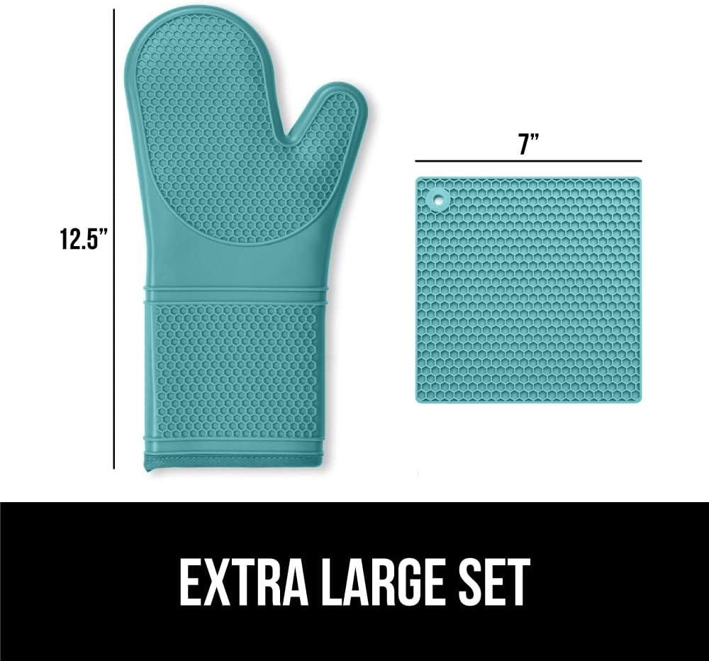Gorilla Grip 4 Piece Silicone Oven Mitt and Trivets Set, Waterproof, Cotton Lined, BPA-Free, Turquoise