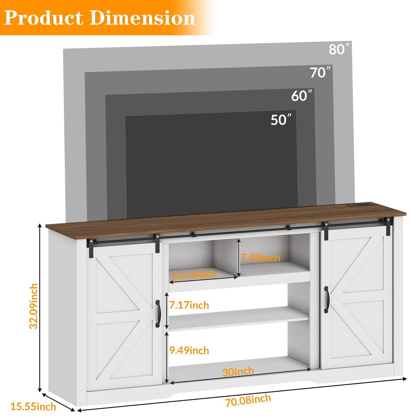 Garvee 70" Farmhouse TV Stands for 80" Television, Entertainment Center with Sliding Barn Door, Media TV Console Table with Storage & Adjustable Shelves for Living Room, White+Brown