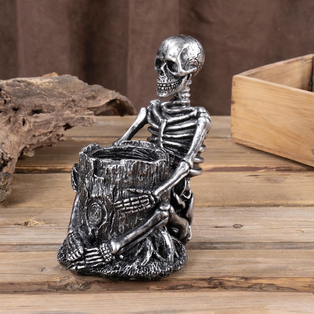 Arola Skull Pen Pencil Holder Skeleton Key Holder Makeup Brush Holder Home Office Desk Supplies Organizer Accessory（Silver-Plated）