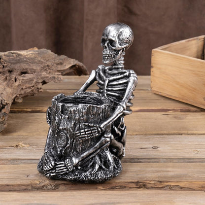 Arola Skull Pen Pencil Holder Skeleton Key Holder Makeup Brush Holder Home Office Desk Supplies Organizer Accessory（Silver-Plated）