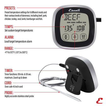 Escali Touch Screen LCD Display Digital Timer, Oven Safe Stainless Steel Probe, Black