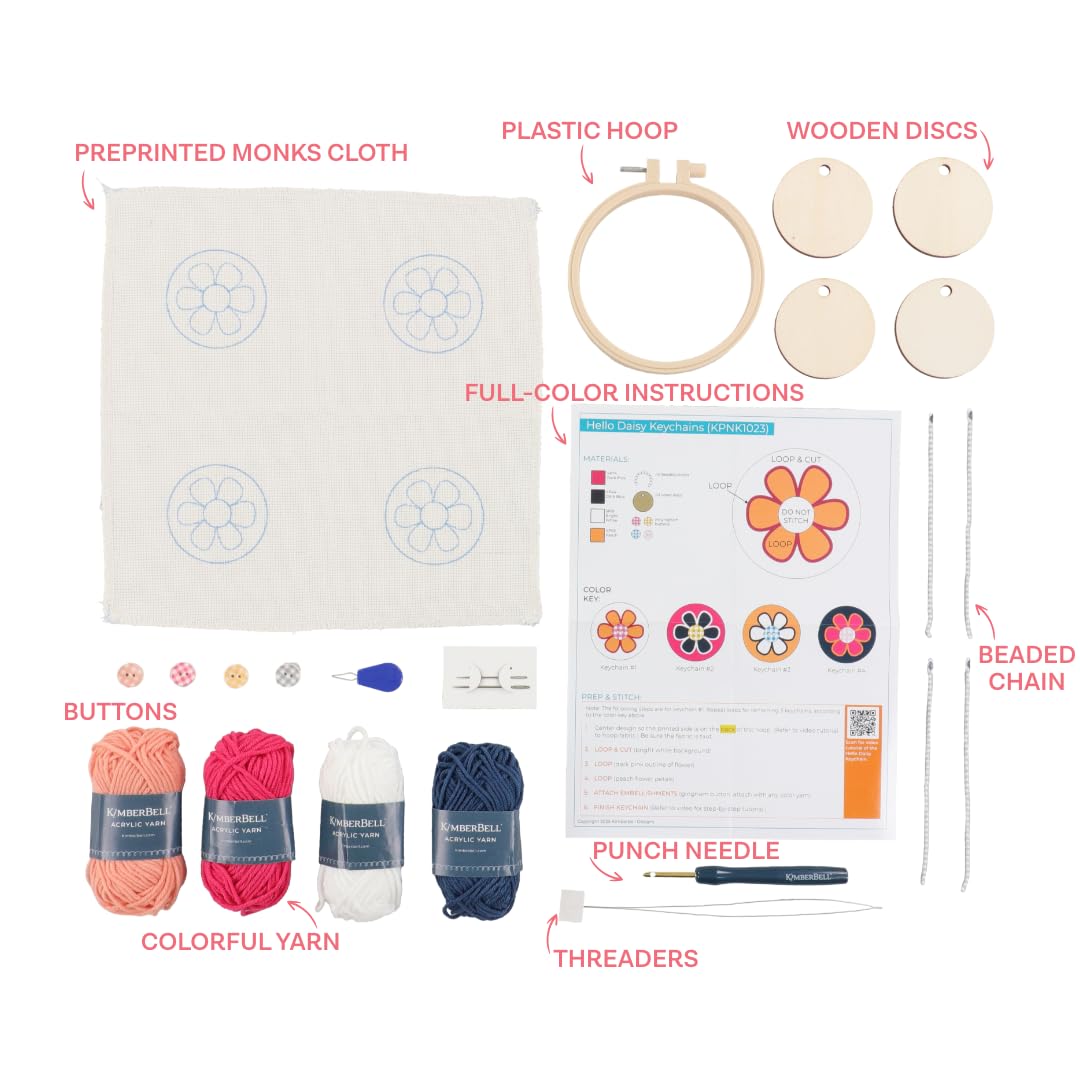 Kimberbell Hello Daisy Punch Needle Embroidery Kit – DIY Keychain Craft Kit for Beginners & Crafters – Includes Yarn, Monk’s Cloth, Tools, Buttons & Hoop – Makes 4 Keychains